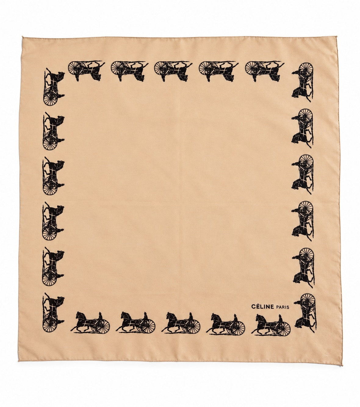 Silk scarf Céline in apricot and black vintage equestrian pattern