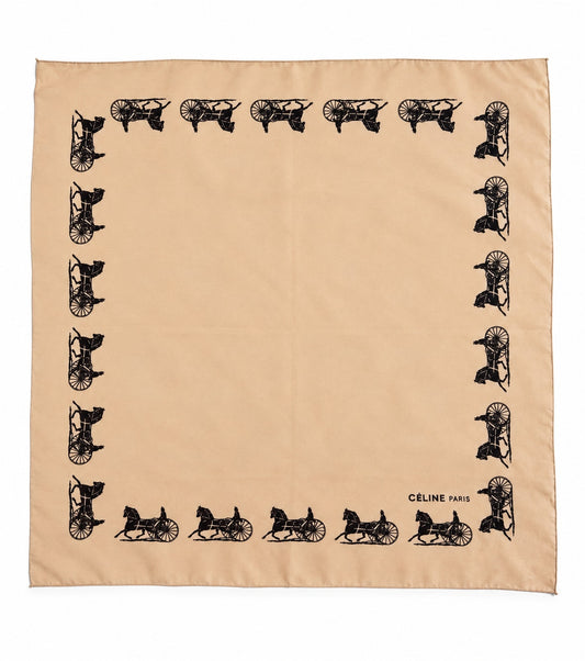 Silk scarf Céline in apricot and black vintage equestrian pattern