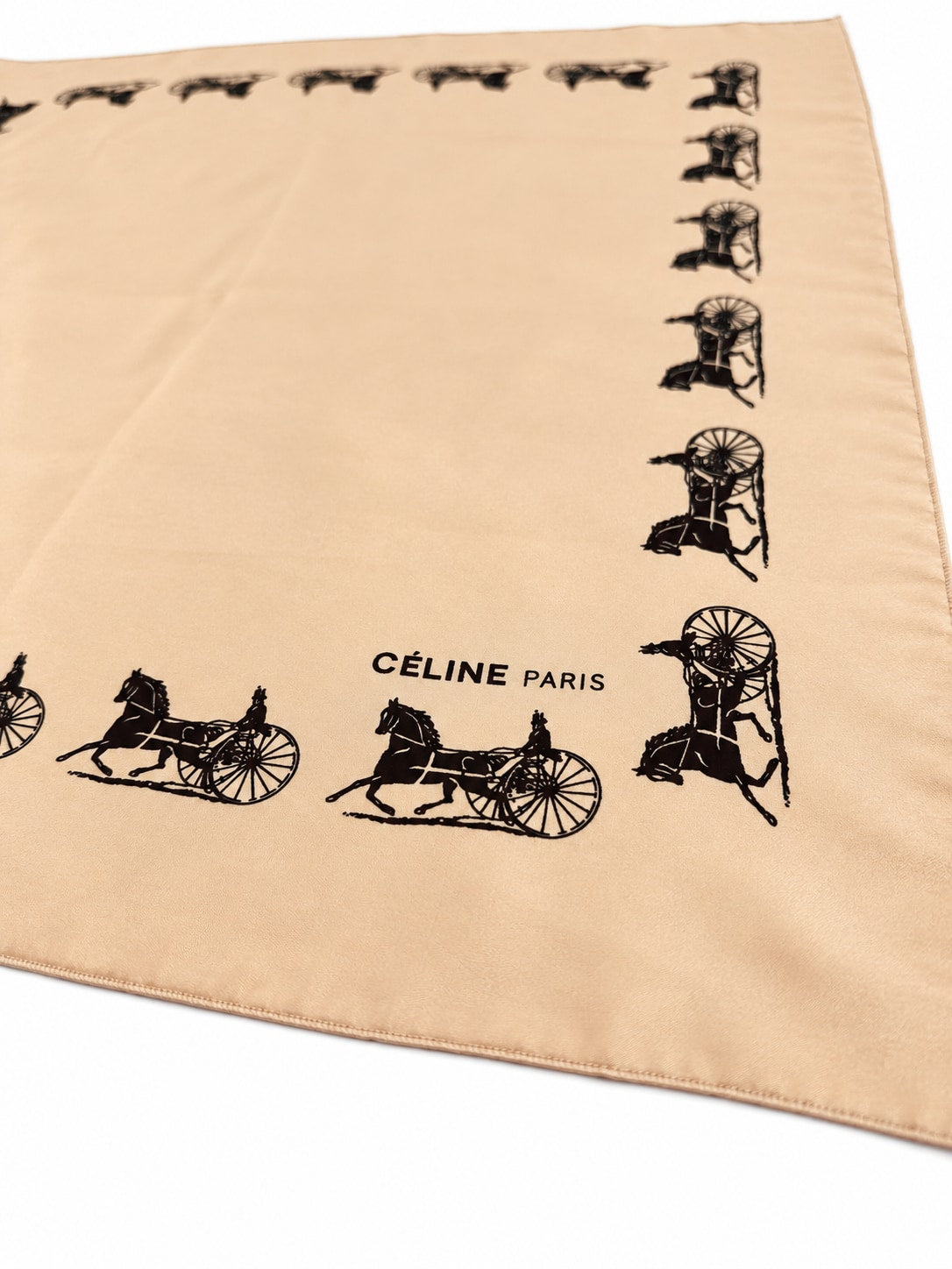 Silk scarf Céline in apricot and black vintage equestrian pattern