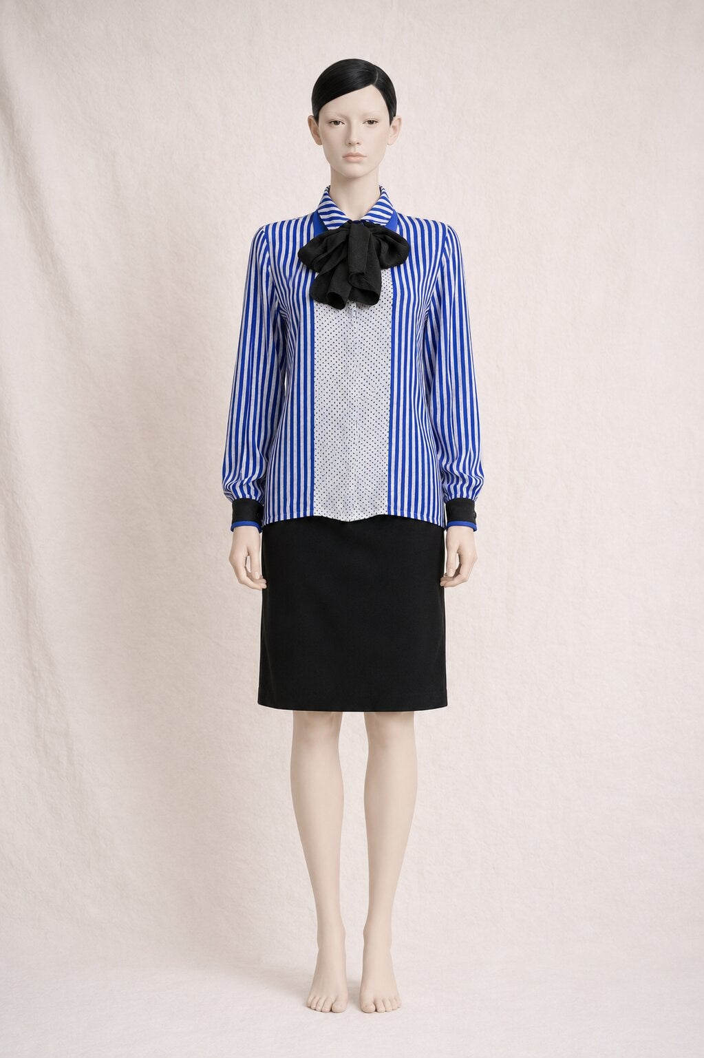 Louis Féraud Blue Striped Silk Blouse with Black Bow Vintage Authentic