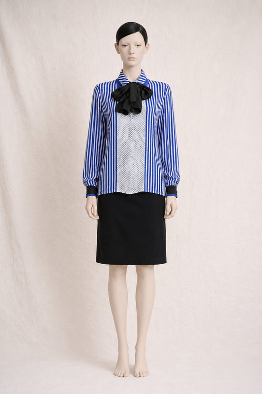 Louis Féraud Blue Striped Silk Blouse with Black Bow Vintage Authentic