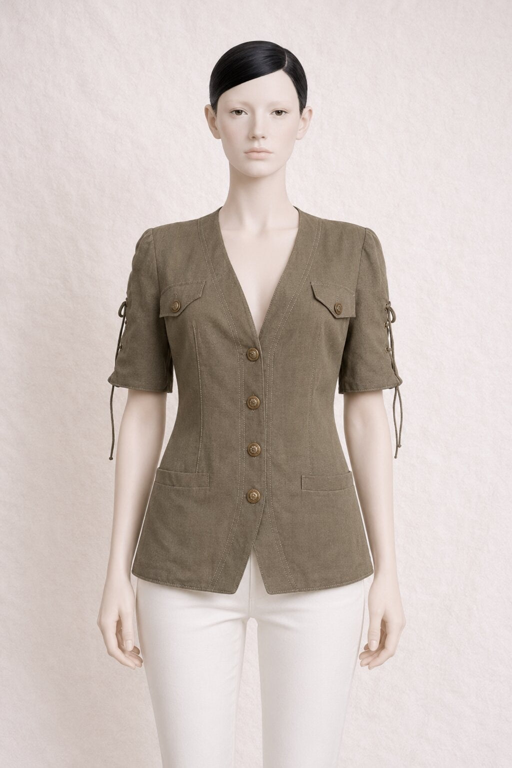 Blazer Authentique Vintage en Soie et Lin Khaki Louis Féraud
