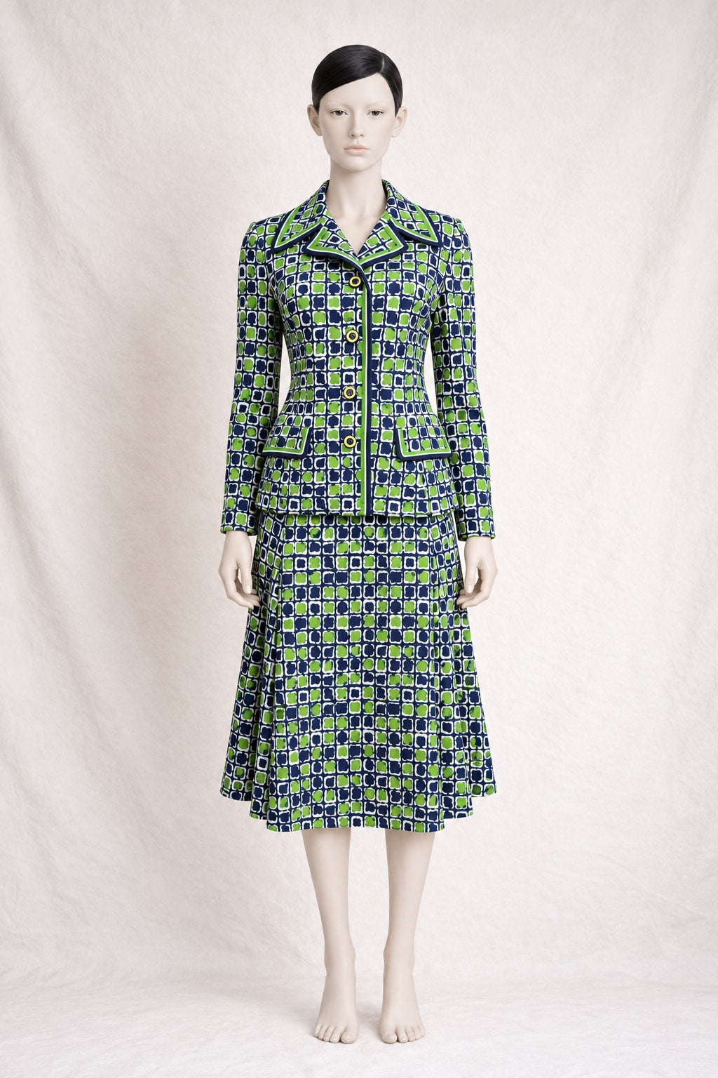 Authentic Vintage Green and Blue Knitted Skirt Set by Pierre Balmain