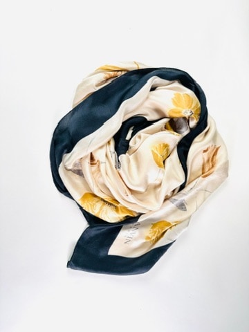 Authentic Vintage Black and Beige Floral Pattern Silk Scarf by Lanvin