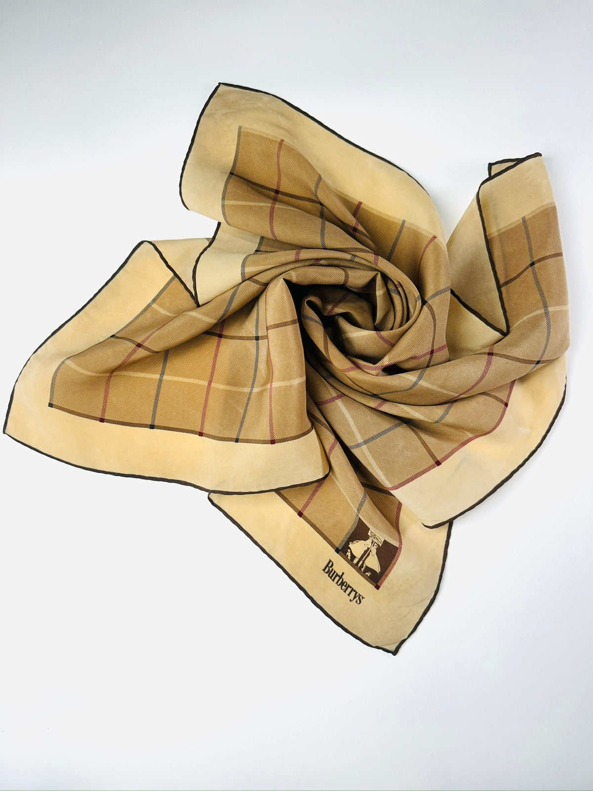 Authentic Burberry Silk Scarf in Beige and Brown Vintage Check Pattern