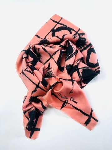 Silk Scarf Christian Dior in Pink and Black Vintage Authentic Graphic Pattern