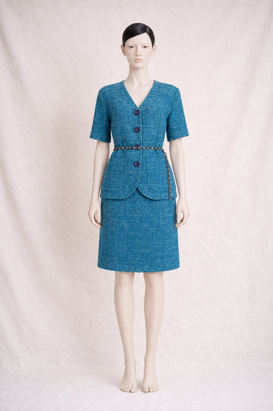 Yves Saint Laurent Vintage Authentic Blue Flamed Linen Skirt Suit
