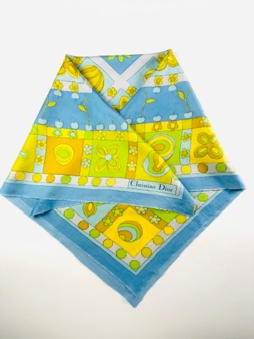 Carré Christian Dior en soie bleu et jaune motif floral vintage authentique