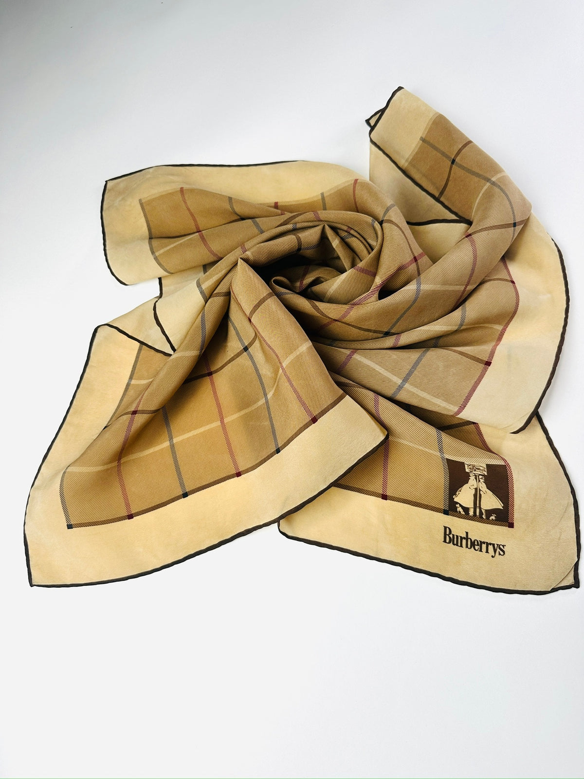 Authentic Burberry Silk Scarf in Beige and Brown Vintage Check Pattern