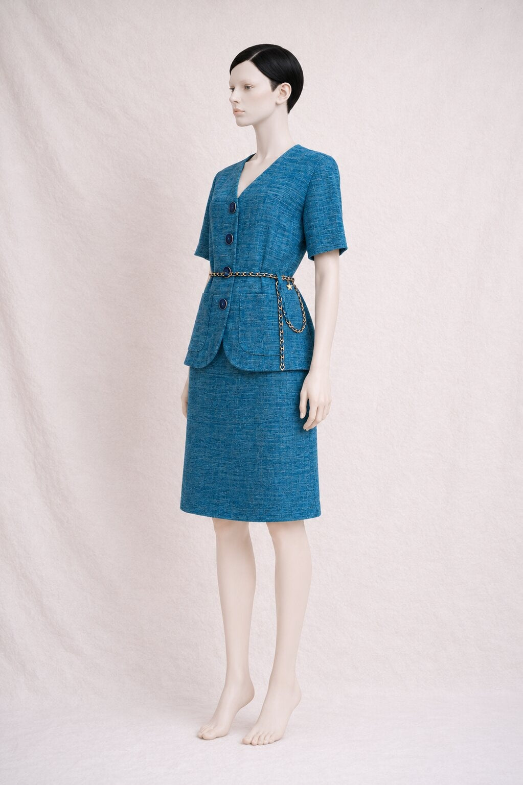 Tailleur Jupe Yves Saint Laurent en Lin Effet Flammé Bleu Vintage Authentique
