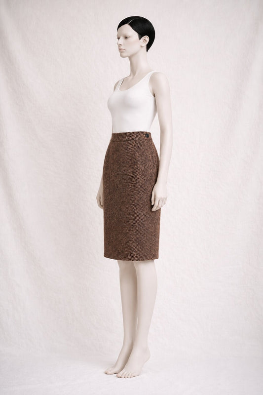 Jupe Crayon Authentique Vintage Yves Saint Laurent Imprimé Serpent Marron en Viscose
