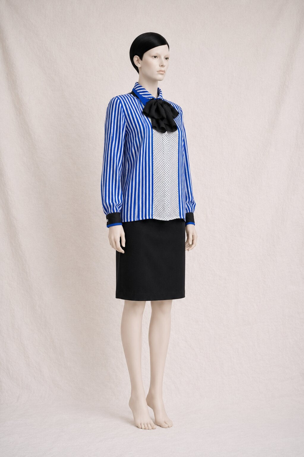 Louis Féraud Blue Striped Silk Blouse with Black Bow Vintage Authentic