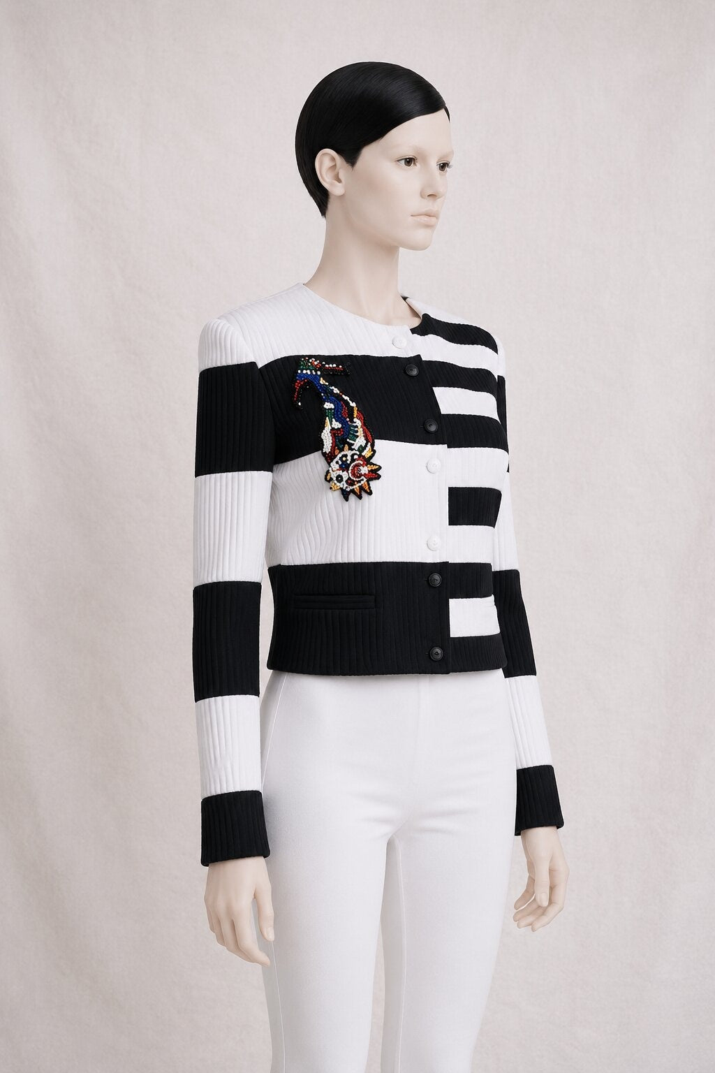 Veste courte vintage authentique Louis Féraud en coton noir et blanc