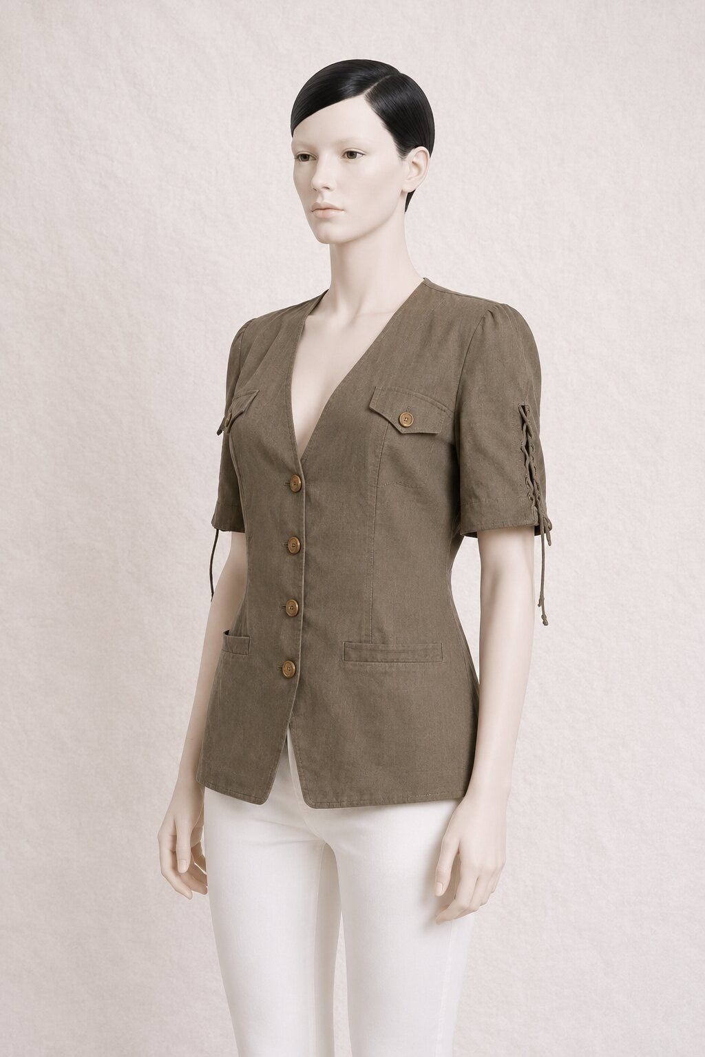 Blazer Authentique Vintage en Soie et Lin Khaki Louis Féraud