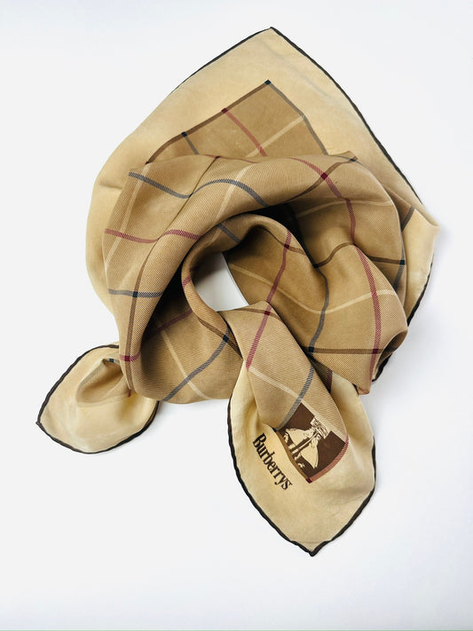 Authentic Burberry Silk Scarf in Beige and Brown Vintage Check Pattern