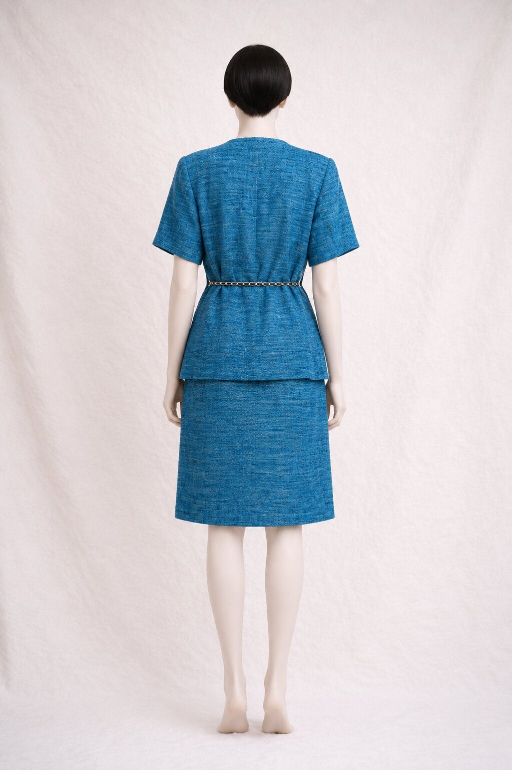 Tailleur Jupe Yves Saint Laurent en Lin Effet Flammé Bleu Vintage Authentique