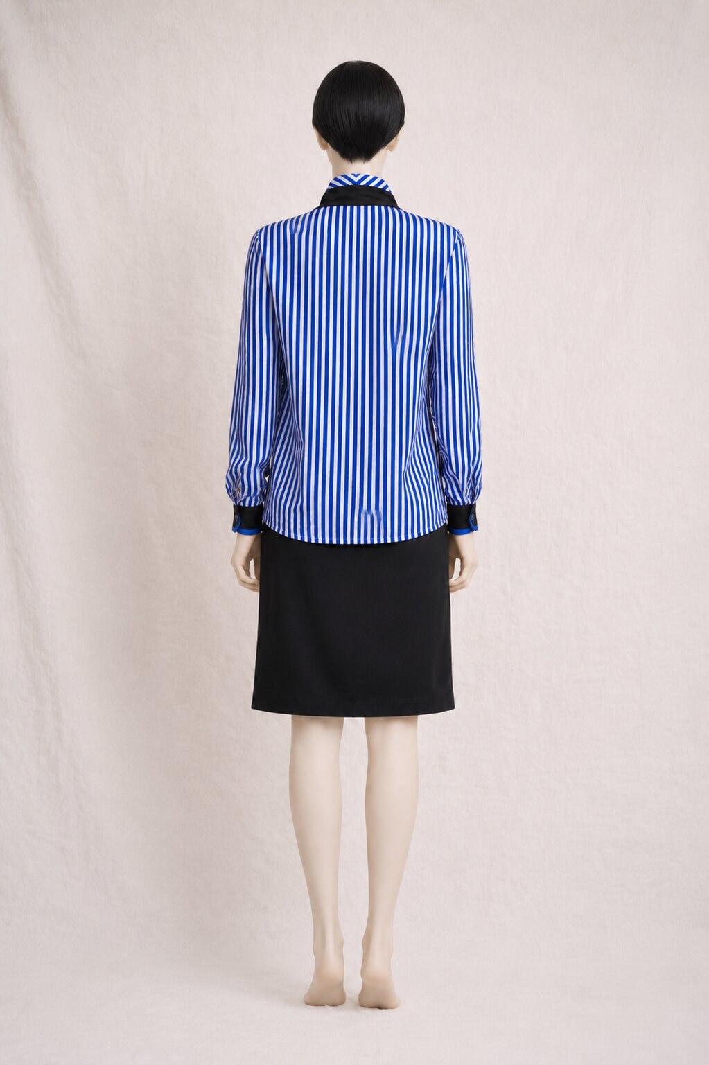 Louis Féraud Blue Striped Silk Blouse with Black Bow Vintage Authentic