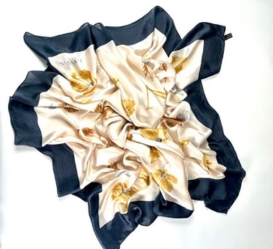 Authentic Vintage Black and Beige Floral Pattern Silk Scarf by Lanvin