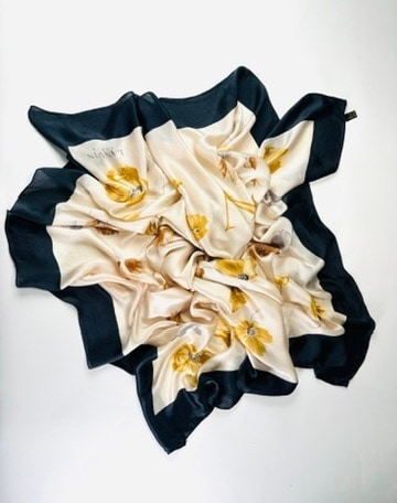 Authentic Vintage Black and Beige Floral Pattern Silk Scarf by Lanvin