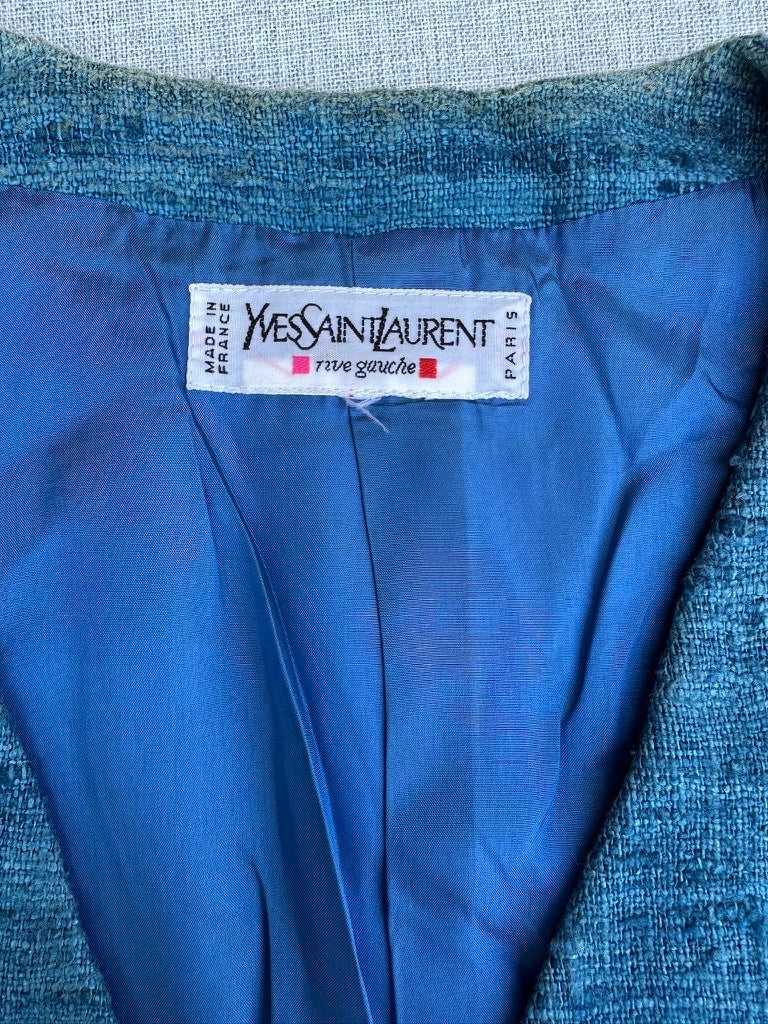 Tailleur Jupe Yves Saint Laurent en Lin Effet Flammé Bleu Vintage Authentique