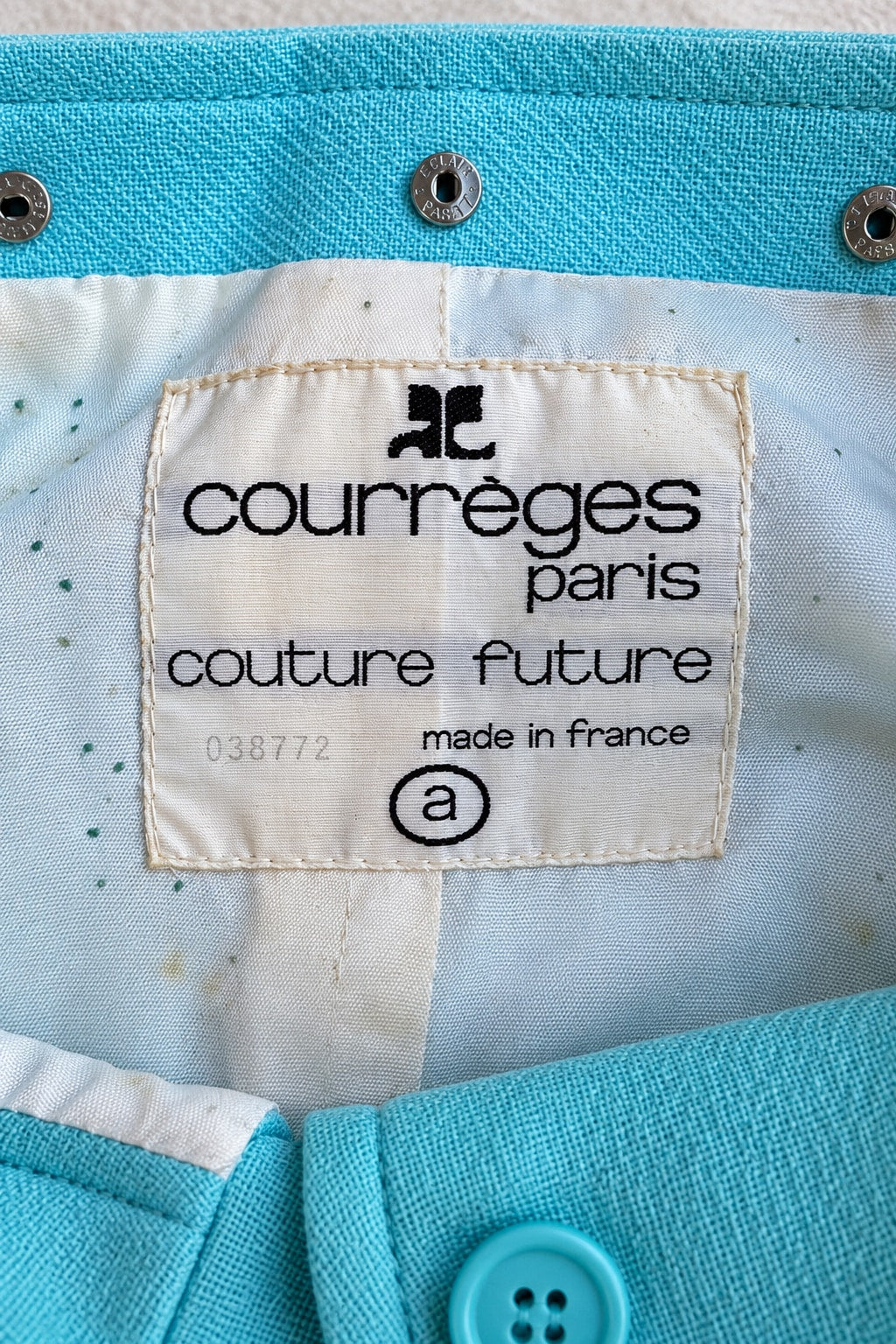 Manteau Courrèges en laine turquoise vintage authentique