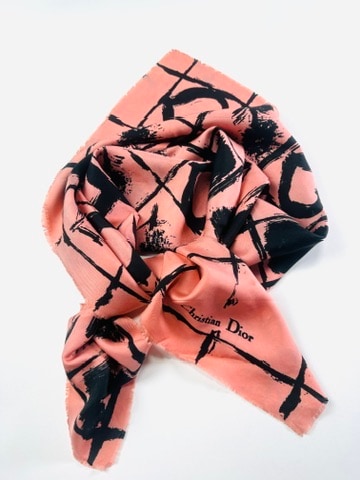 Silk Scarf Christian Dior in Pink and Black Vintage Authentic Graphic Pattern