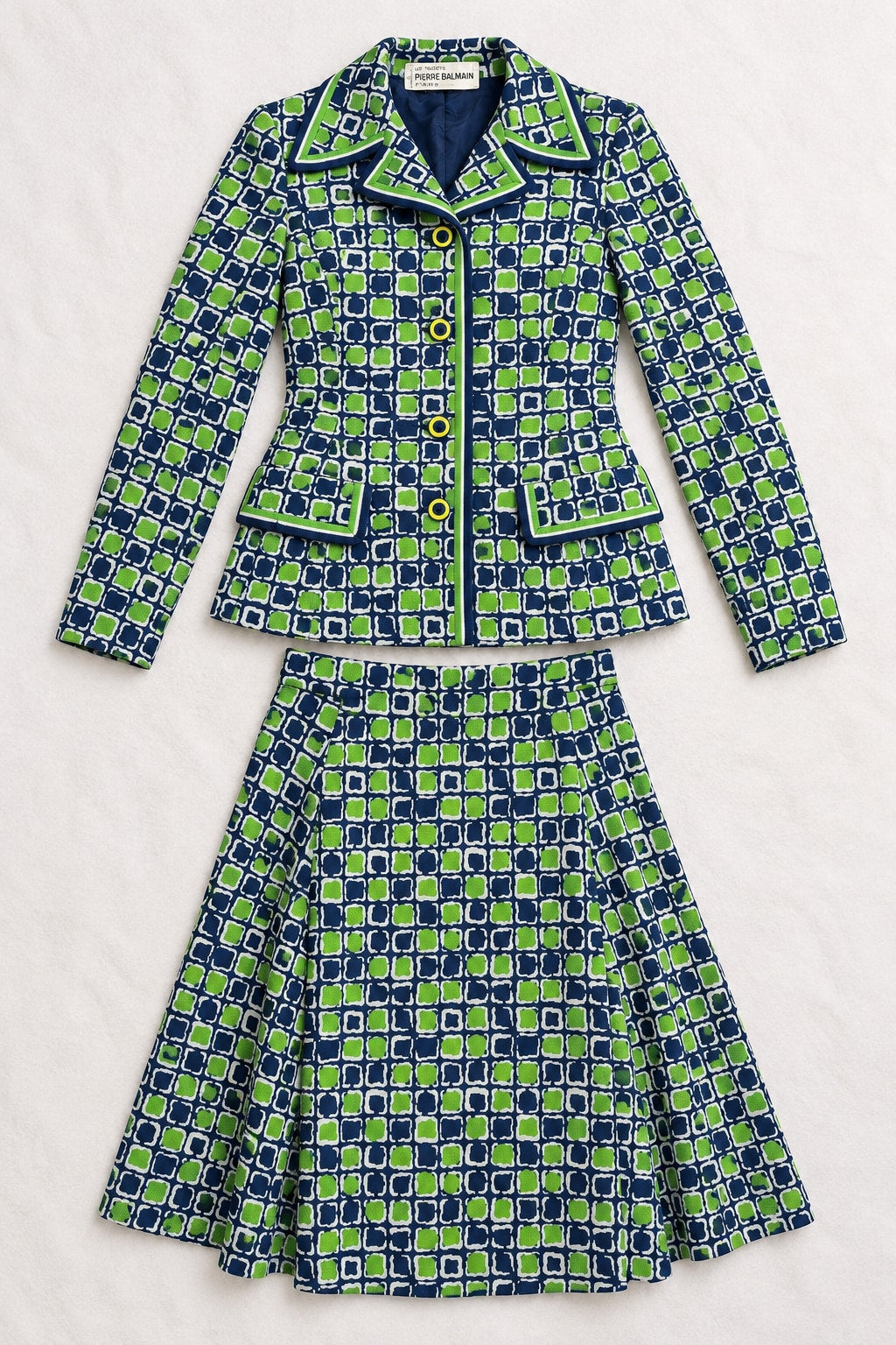 Authentic Vintage Green and Blue Knitted Skirt Set by Pierre Balmain