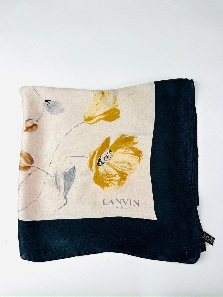 Authentic Vintage Black and Beige Floral Pattern Silk Scarf by Lanvin