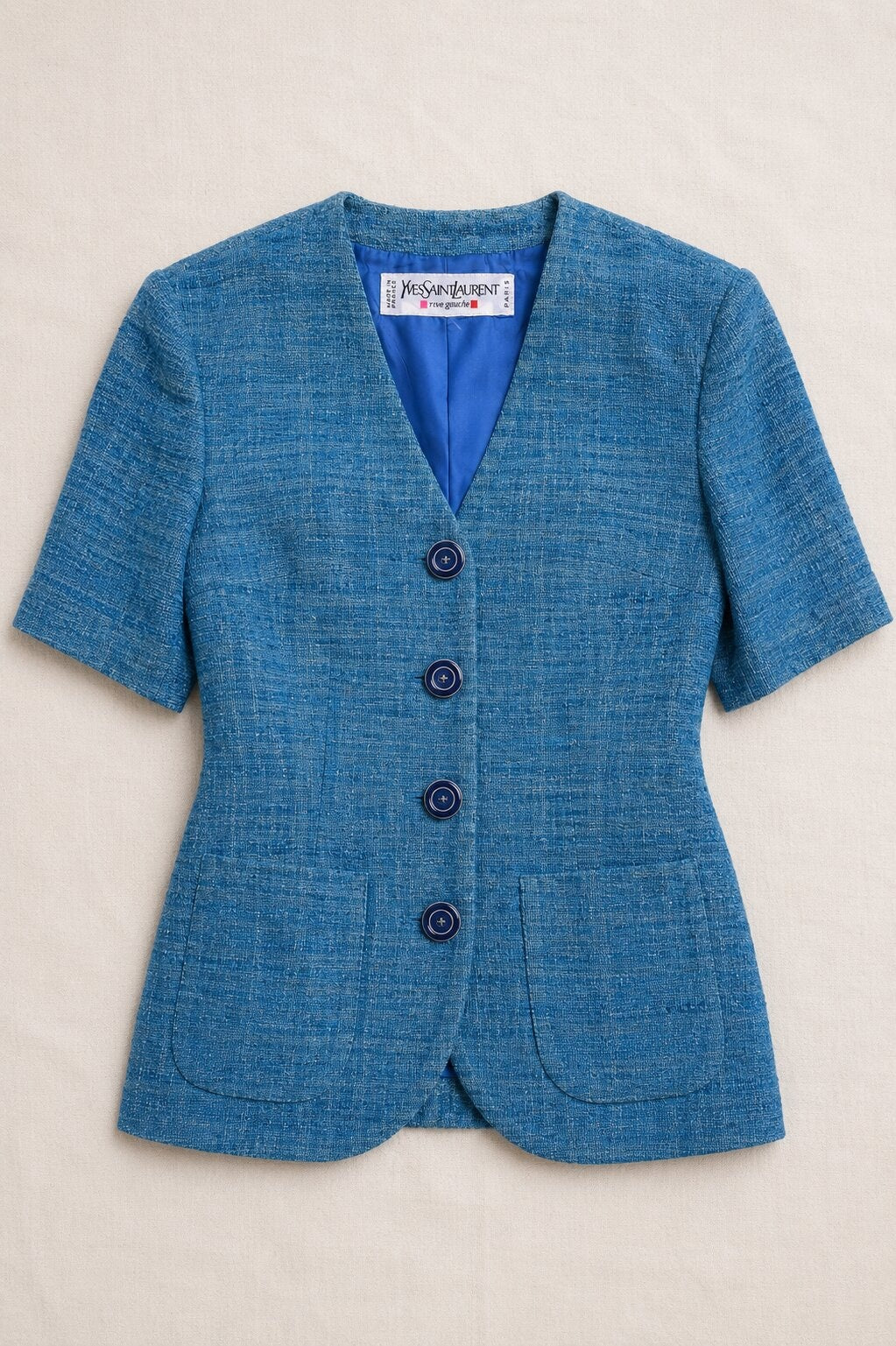 Tailleur Jupe Yves Saint Laurent en Lin Effet Flammé Bleu Vintage Authentique