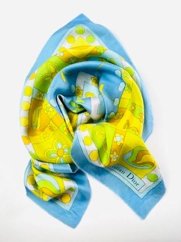 Carré Christian Dior en soie bleu et jaune motif floral vintage authentique