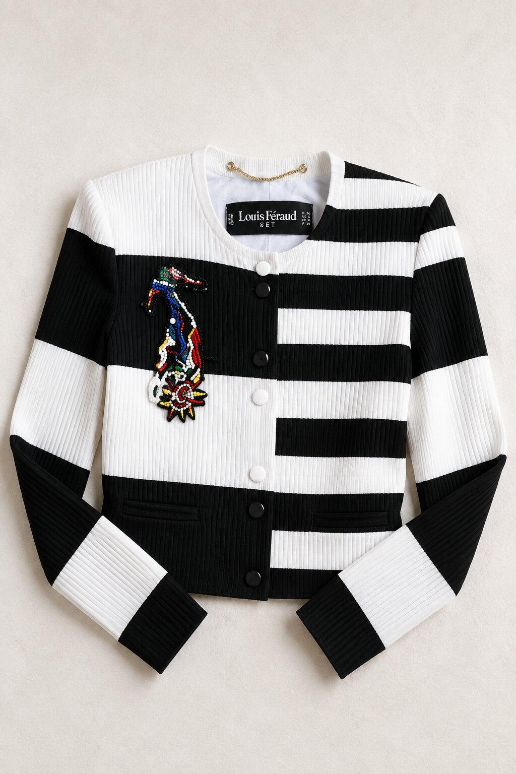 Veste courte vintage authentique Louis Féraud en coton noir et blanc