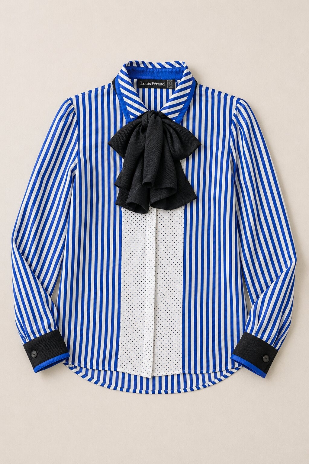 Louis Féraud Blue Striped Silk Blouse with Black Bow Vintage Authentic