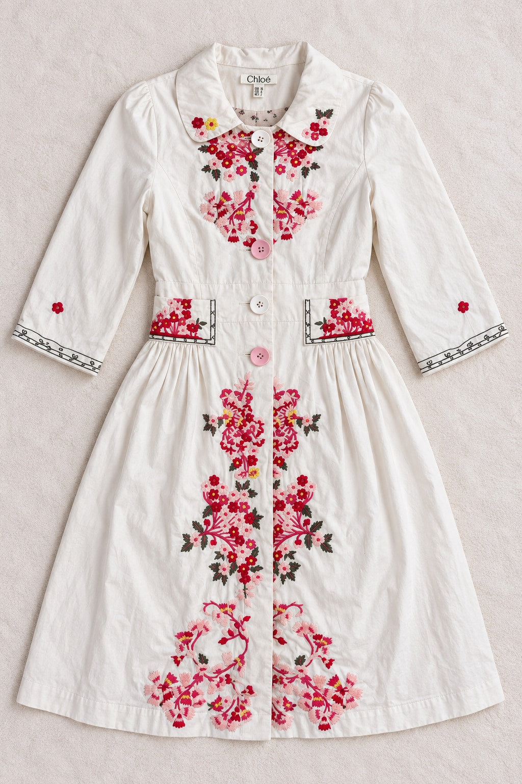 Trench Chloé en coton crème et broderie rouge authentique