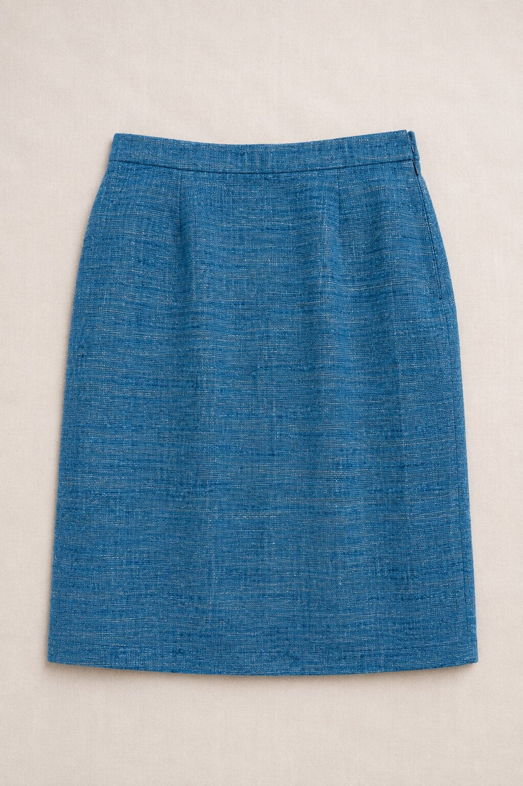 Tailleur Jupe Yves Saint Laurent en Lin Effet Flammé Bleu Vintage Authentique
