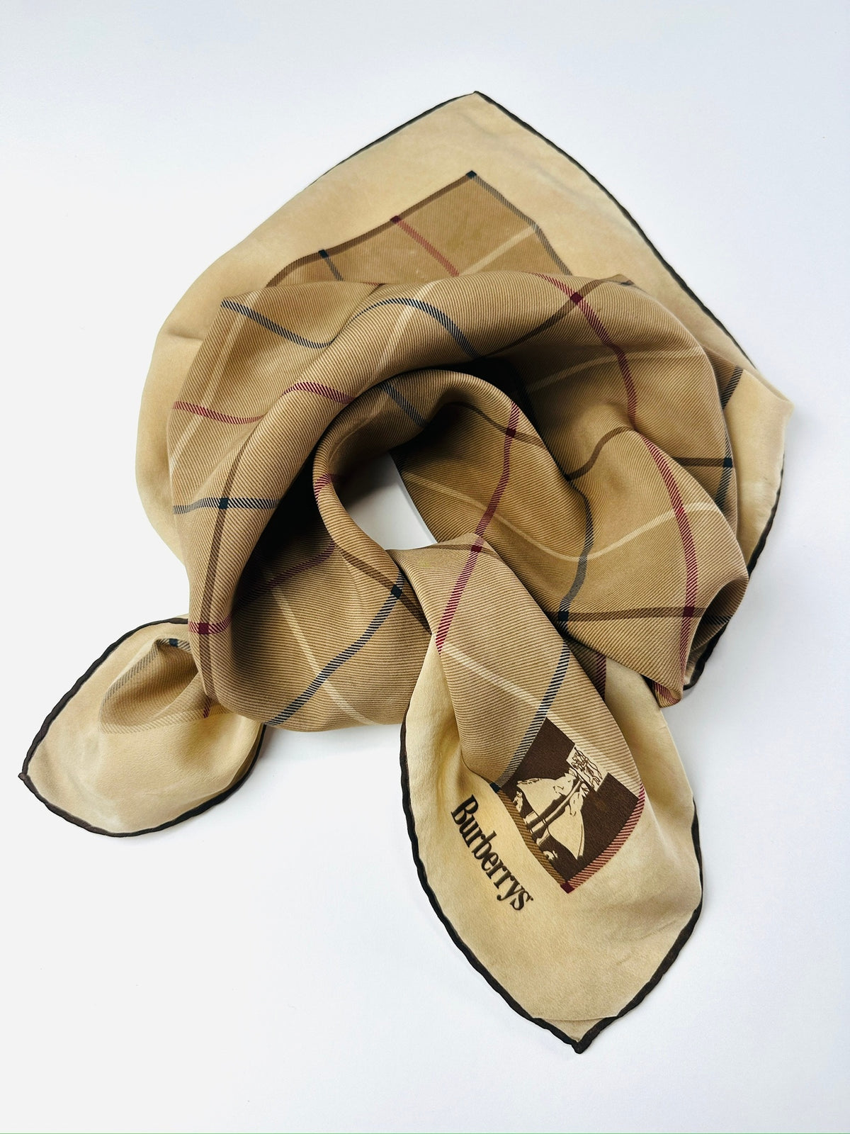 Authentic Burberry Silk Scarf in Beige and Brown Vintage Check Pattern