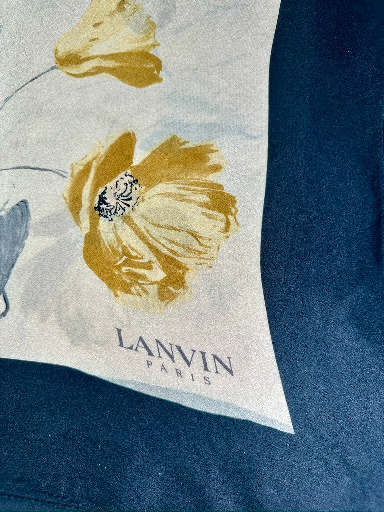Authentic Vintage Black and Beige Floral Pattern Silk Scarf by Lanvin