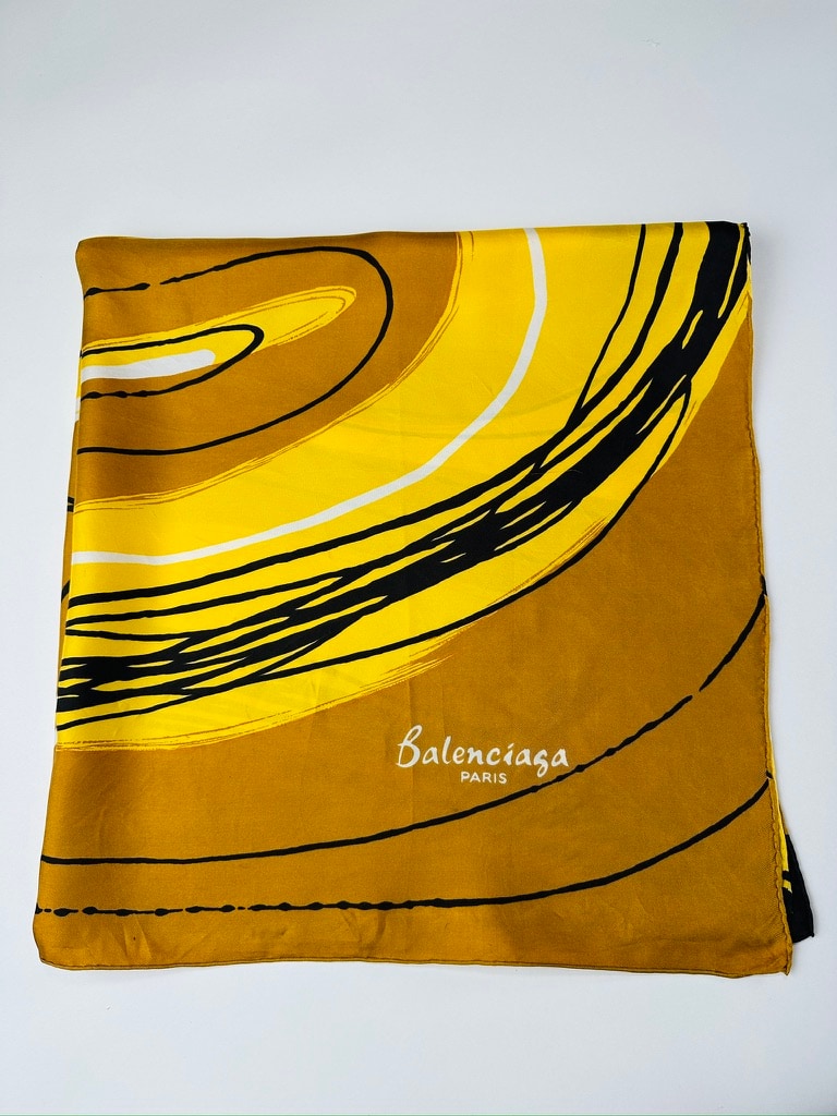 Silk scarf Balenciaga in bronze and yellow with abstract pattern authentic vintage
