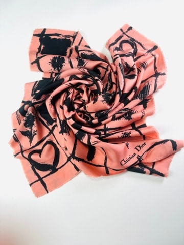 Silk Scarf Christian Dior in Pink and Black Vintage Authentic Graphic Pattern