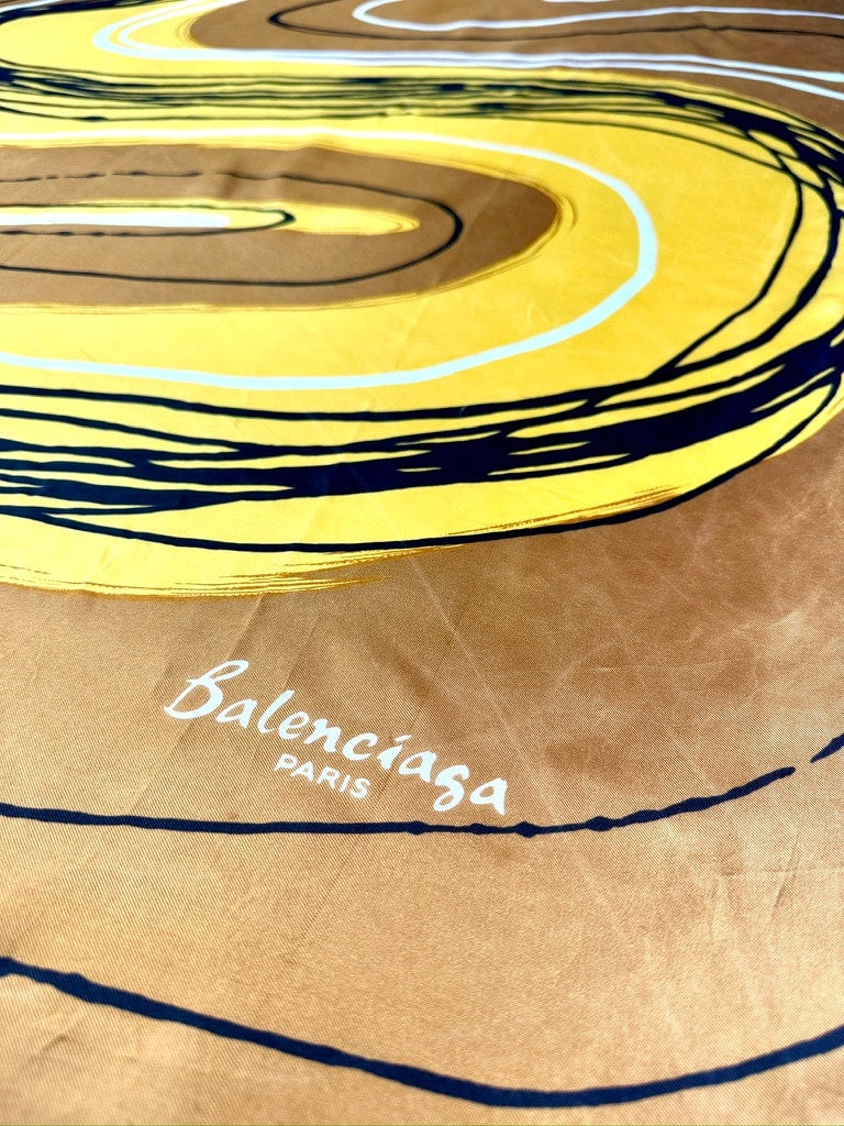 Silk scarf Balenciaga in bronze and yellow with abstract pattern authentic vintage