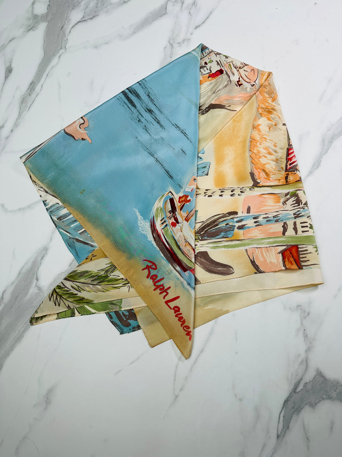 Foulard en soie vintage authentique motif côtier azur et beige par Ralph Lauren