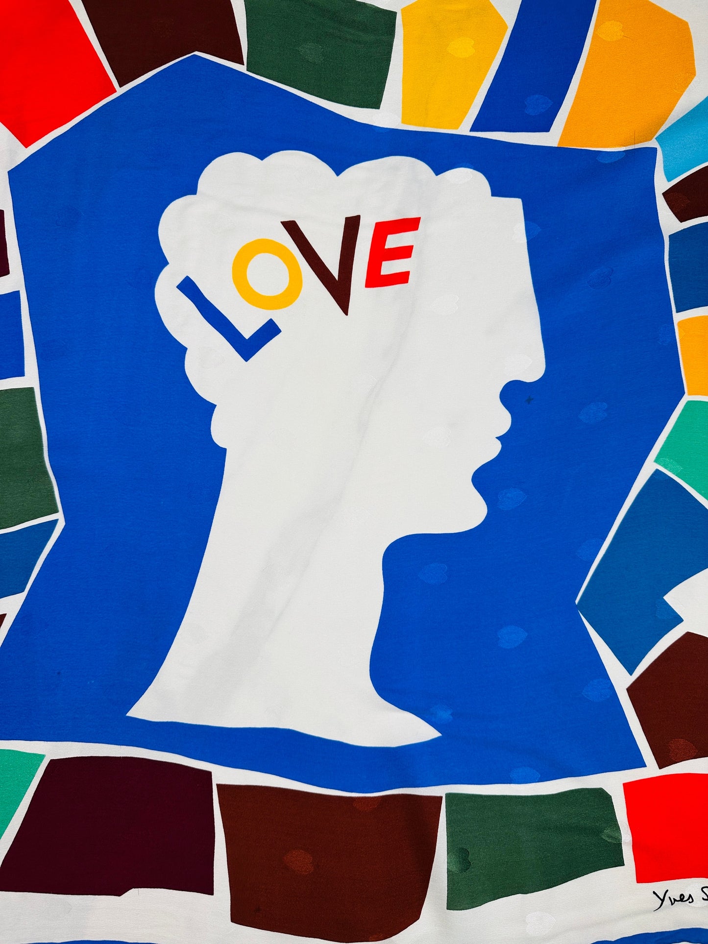 Carré Yves Saint Laurent en soie bleu et blanc Love vintage authentique