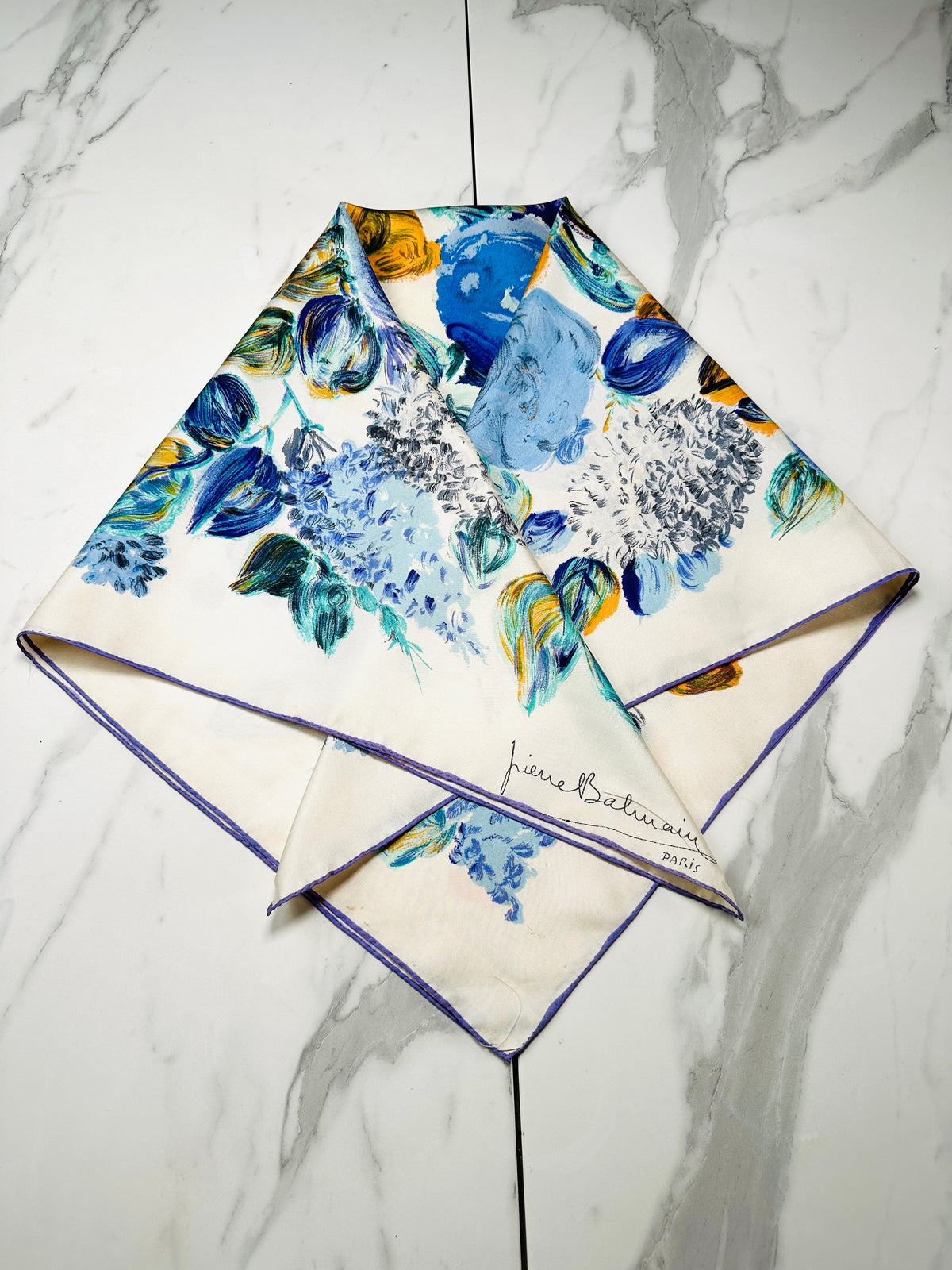 Authentic Vintage Silk Scarf Pierre Balmain Cream and Blue with Floral Pattern