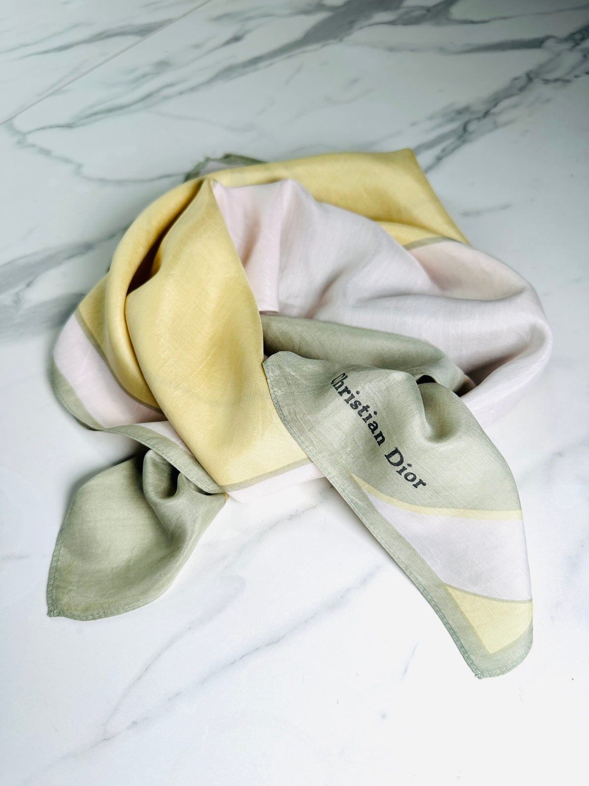 Authentic vintage silk scarf Christian Dior in yellow and green with graphic pattern