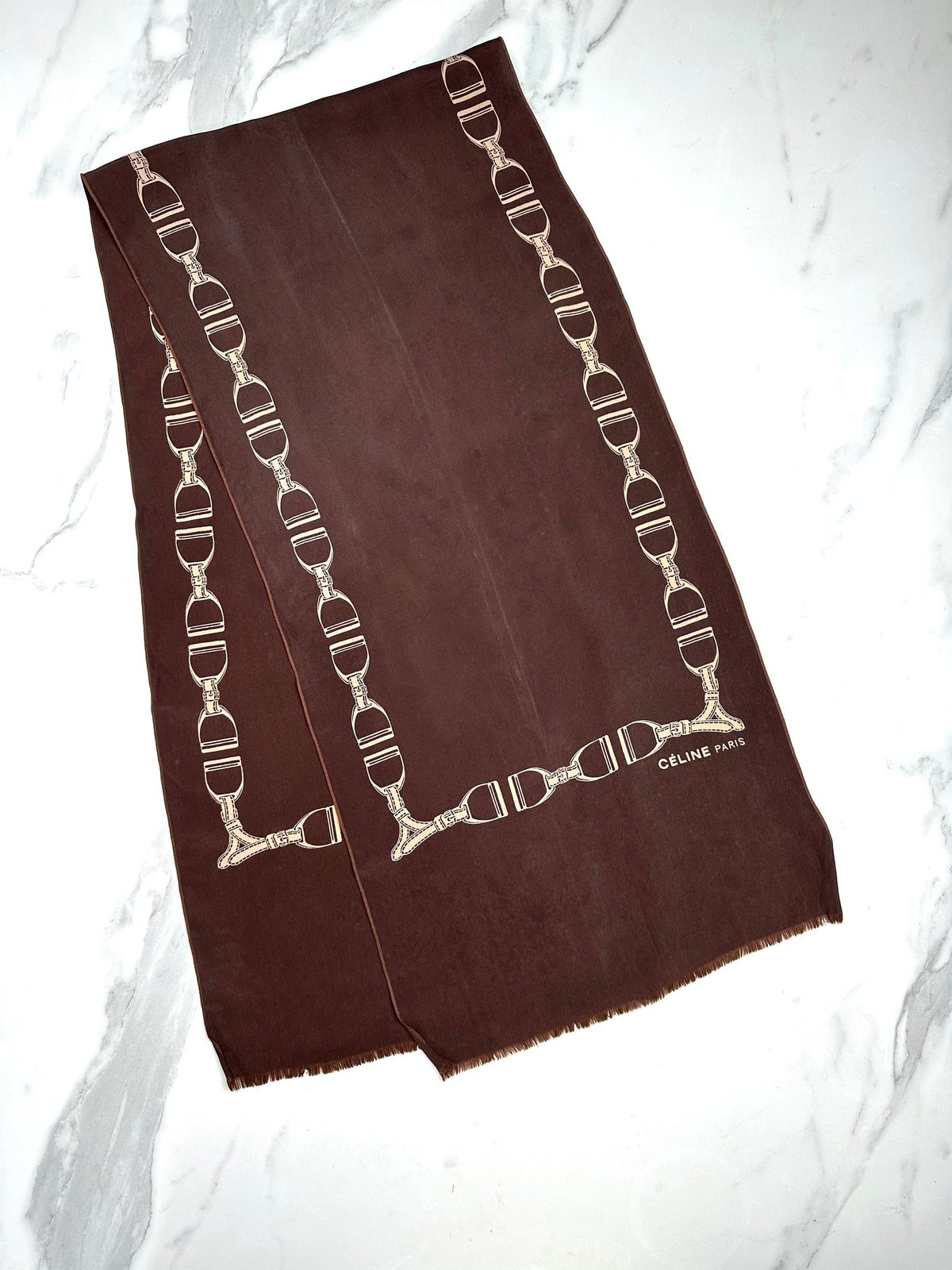 Céline Vintage Authentic Silk Scarf Equestrian Pattern Brown and Beige