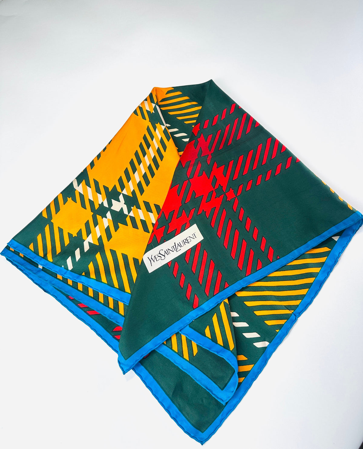Silk Scarf Yves Saint Laurent in Green and Orange Authentic Vintage Tartan Pattern