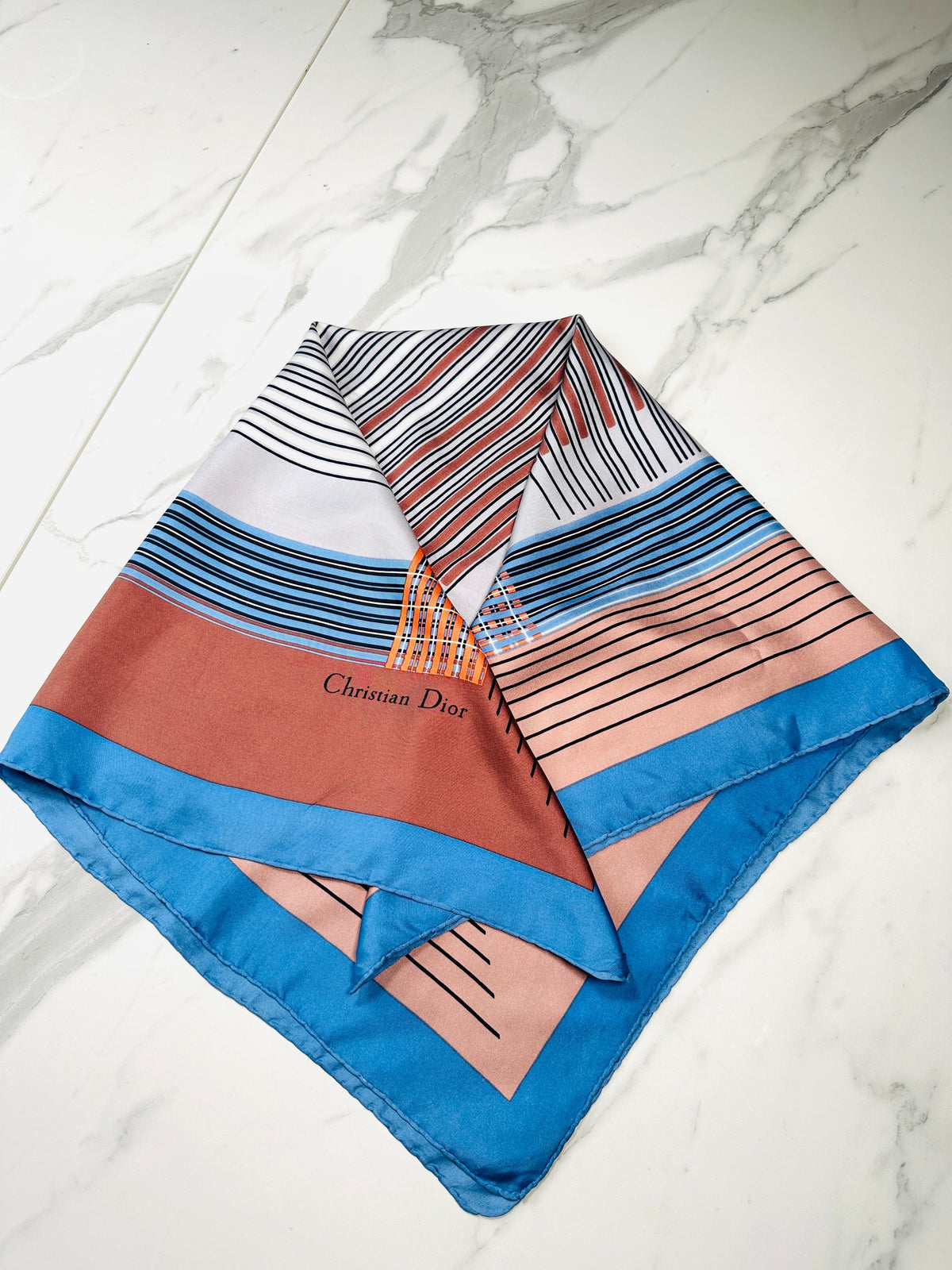 Foulard Dior Vintage Authentique en Soie à Motif Géométrique Bleu et Bronze