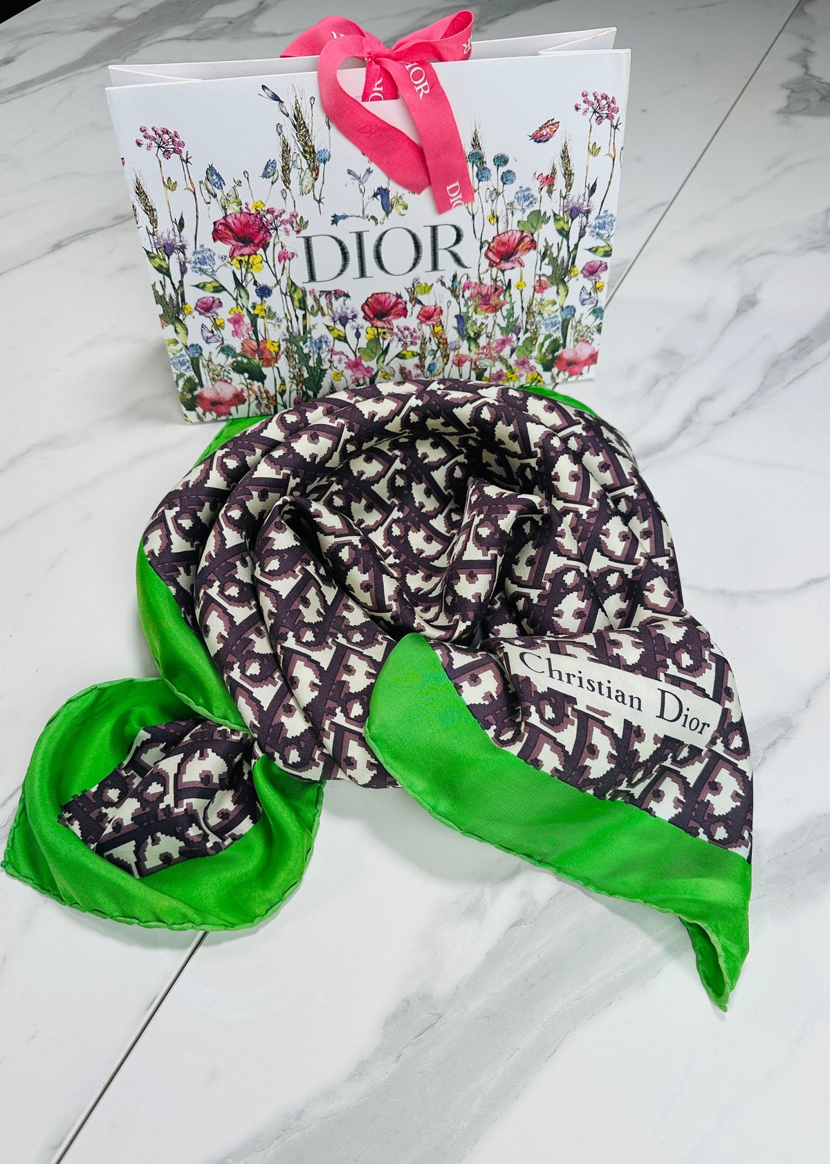 Christian Dior Silk Satin Square in Green and Black Vintage Geometric Pattern