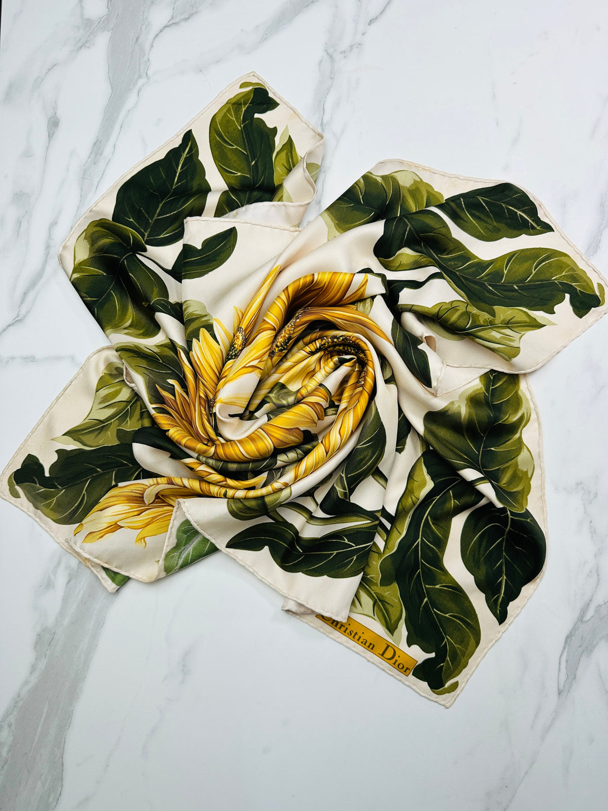 Grand foulard Christian Dior en ivoire et vert avec motif tournesol vintage Authentique