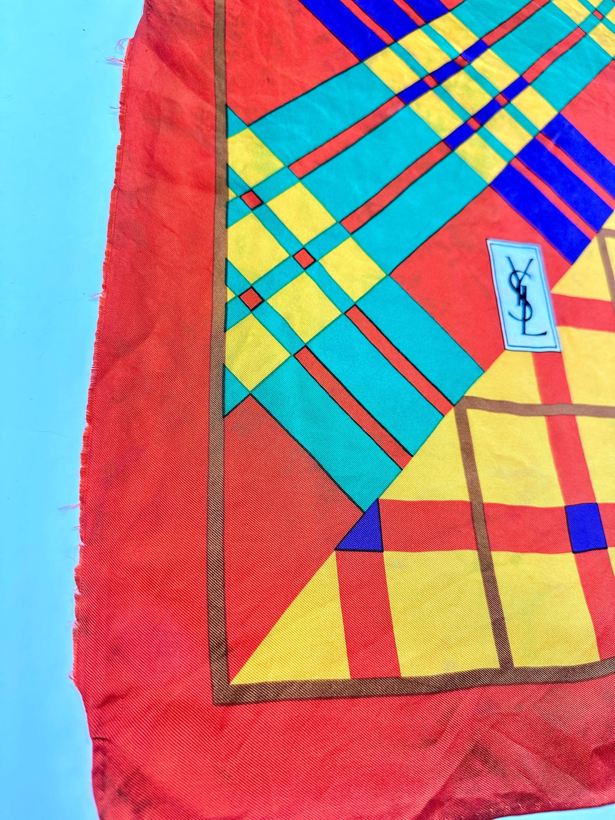 Large Silk Scarf Yves Saint Laurent in Yellow and Red Vintage Geometric Pattern