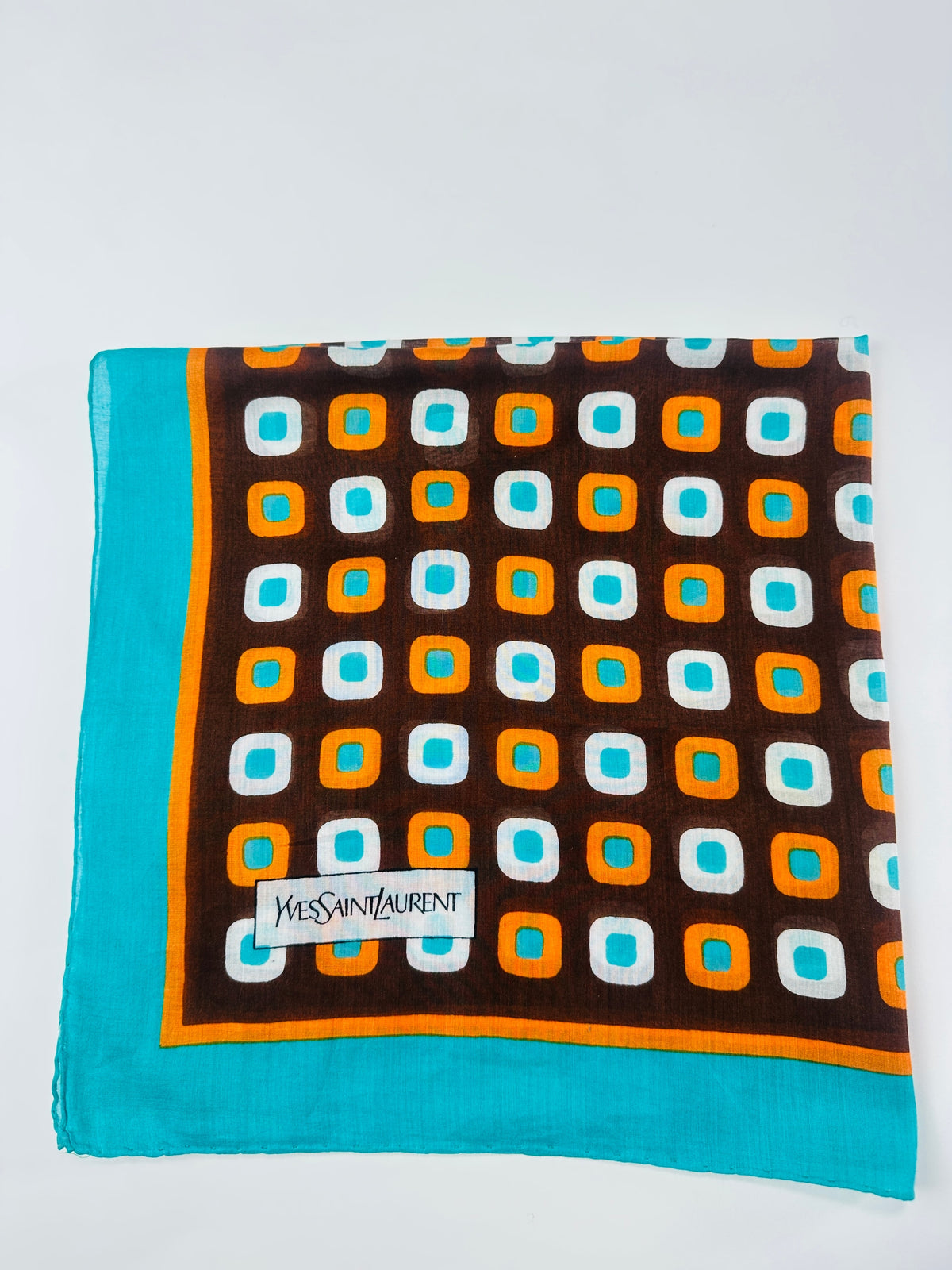 Silk Scarf Yves Saint Laurent in Brown and Turquoise with Vintage Geometric Pattern